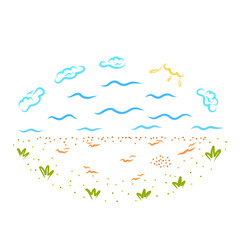 seashore and sky with grass, sunny summer day