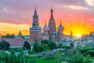 Fototapeta na wymiar Cathedral of Vasily the Blessed (Saint Basil's Cathedral) and Spasskaya Tower of Moscow Kremlin on Red Square at sunset, Moscow, Russia