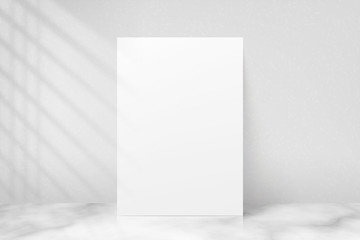 Mockup poster with shadow blinds from window. Mock up sheet paper. White empty blank. Vertical mockup. Light from window. Realistic reflected shadow on wall. Overlay effect. Shade jalousie. Vector