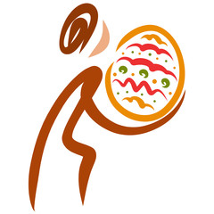 man carries in his hands a large egg decorated with a pattern