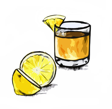 Shot glass with an alcoholic drink and lemon