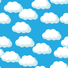 Seamless pattern with white clouds for fabric, decorative paper, web. Flat vector illustration on blue sky background.