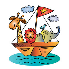 Fototapeta premium Cute animals on boat. cartoon illustration.