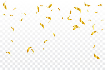 Many Falling Golden Tiny Confetti On Transparent Background. Vector