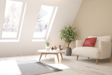White stylish minimalist room with armchair and winter landscape in window. Scandinavian interior design. 3D illustration