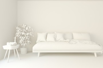 Stylish minimalist room with sofa in white color. Scandinavian interior design. 3D illustration