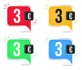 €3 euro price. Yellow, red, blue and green currency tags. Balloon concept with three euros sales tag.