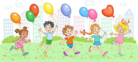 Obraz na płótnie Canvas Happy children run with colorful balloons in the city. In cartoon style. Vector illustration.