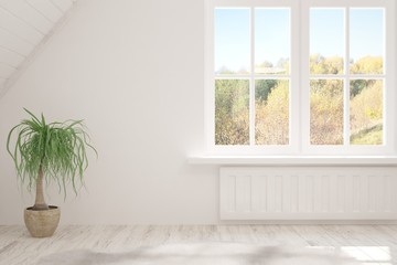 White stylish empty room with autumn landscape in window. Scandinavian interior design. 3D illustration