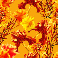 Fototapeta na wymiar Summer flowers, lilie, roses and dahlia, seamless pattern.