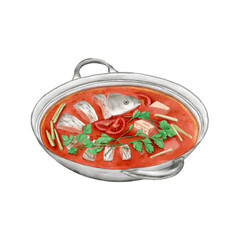 Watercolor Illustration of Chinese Cuisine - Fish in Hot and Sour Soup | 酸汤鱼