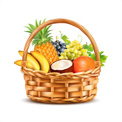 Basket with tropical fruits isolated on white. Vector illustration.