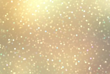 Golden bokeh confetti flying on yellow blurred background. Xmas shimmer texture. Holiday illustration.