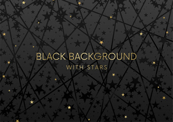 Black background with gold stars and abstract lines (geometric shape pattern). Holiday backdrop for any design, presentation, cover etc. Blank horizontal template
