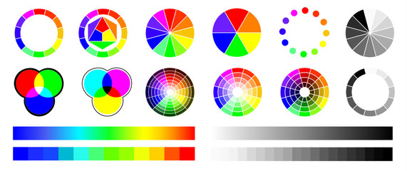 Color wheel types Spectrum schemes: red green blue ( rgb ) and cyan magenta yellow Black ( cmyk ) Vector colors wheels sign  Samples circle gradients 
 charts