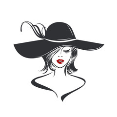 Woman with elegant hairstyle and makeup wearing a fashionable hat.Beauty, fashion, cosmetics illustration.Young lady portrait.Red lipstick.Smiling girl.