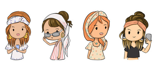 cute girls character illustration wearing hairband or bandanna in casual summer dress 