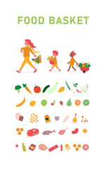 Nutrition for kids. Color card or poster of Healthy eating habits for family. Woman and children walking with product bascket. Food set. Meat and vegetables, fruits and fast food, fish and sweets
