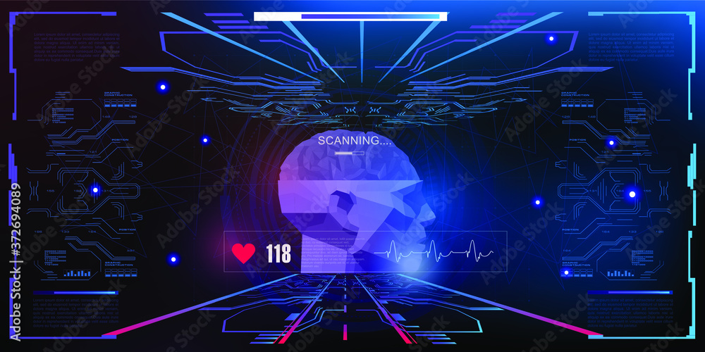 Poster futuristic digital space with polygonal human head in hud, gui, ux style. an innovative cyber banner