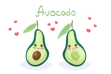 Sliced Avocado vector characters with hand drawn lettering isolated on white background. Cute cartoon nutritious vegetable. Kawaii style happy smiling healthy food mascot. Menu, fabric print design.