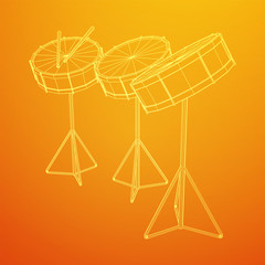 Musical instruments set. Rock band kit. Percussion musical instrument drum and stick. Wireframe low poly mesh vector illustration.