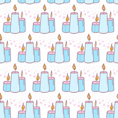 Wax candle seamless pattern. Burning wax light vector illustration. Hand drawn blue glim wallpaper design. EPS 8