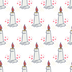 Wax candle seamless pattern. Burning wax light vector illustration. Hand drawn glim wallpaper. Meditation and relaxation concept. EPS 8