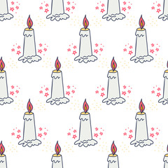 Wax candle seamless pattern. Burning wax light vector illustration. Hand drawn glim wallpaper. Meditation and relaxation concept. EPS 8
