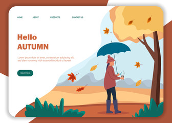 Autumn background. Landscape illustration with character exploring autumn forest