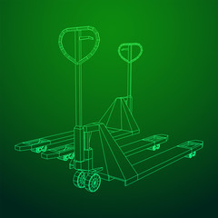Hand pallet jack lift. Manual forklift. Logistics shipping concept. Wireframe low poly mesh vector illustration.
