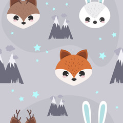 Forest seamless pattern with cute animals-fox, deer, bear, rabbit. Vector illustration