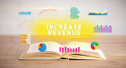 Open book with INCREASE REVENUE inscription, new business concept