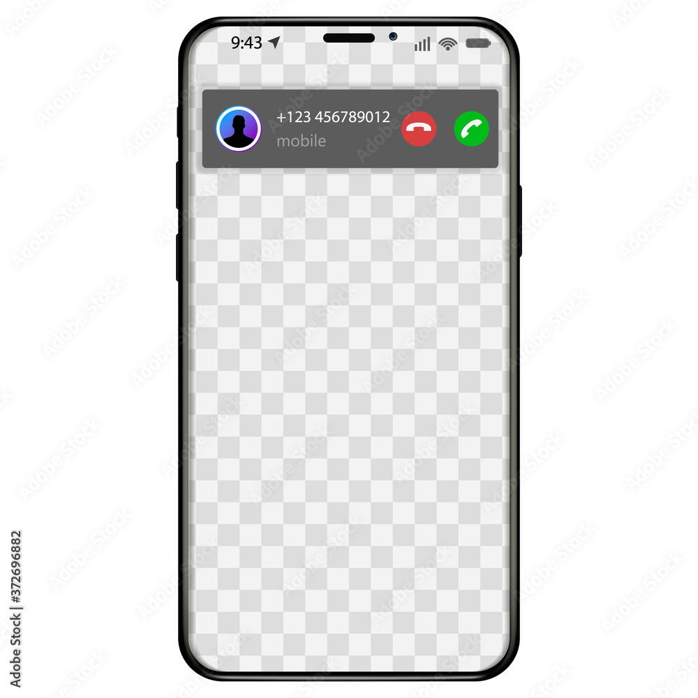 Poster incoming call screen display from smartphone. how to answer phone mobile application user interface. vector illustration