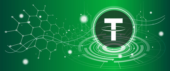 Tether coin symbol with crypto currency themed background design. Modern neon color banner for Tether or USDT icon. Cryptocurrency Blockchain technology, digital FIAT & trade exchange concept.