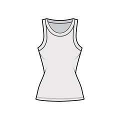 Cotton-jersey tank technical fashion illustration with fitted body, wide scoop neckline, sleeveless. Flat outwear cami apparel template front, grey color. Women men unisex shirt top CAD mockup