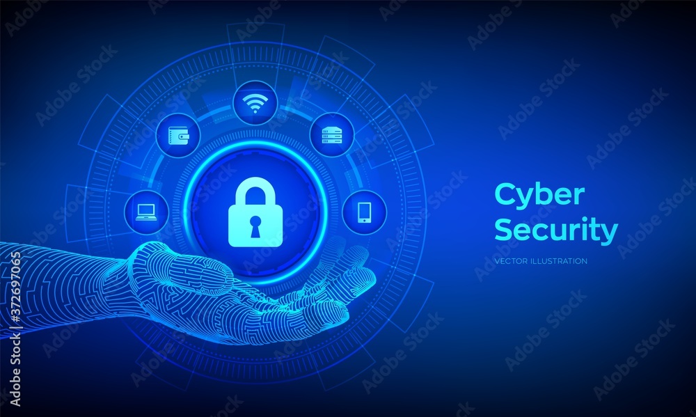 Aufkleber cyber security. data protection concept on virtual screen. padlock with keyhole icon in robotic hand