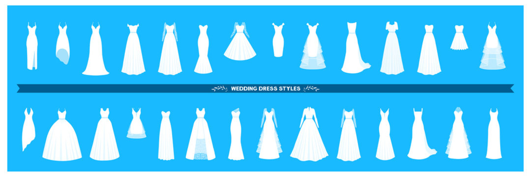 Wedding dress collection. Different styles and shapes of a bridal dress silhouette. A large set of various dresses. A vector cartoon illustration.