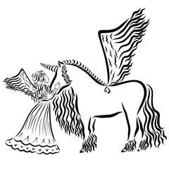 beautiful winged girl with winged unicorn, black pattern