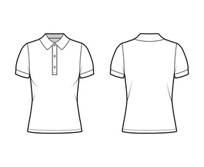 Polo shirt technical fashion illustration with cotton-jersey short sleeves, oversized, buttons along the front. Flat outwear apparel template front, back, white color. Women men unisex top CAD mockup