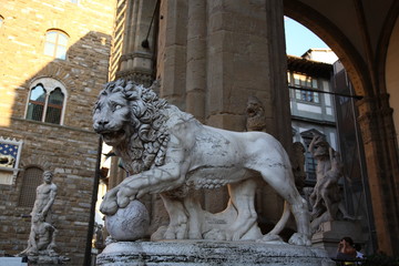 View of Lion statue at piazza della signoria in Florence, Italy