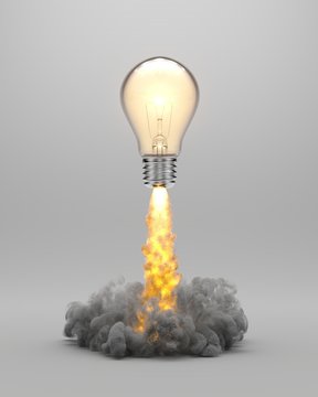 Lift off of a light bulb like a rocket, abstract illustration of the release of a brilliant idea