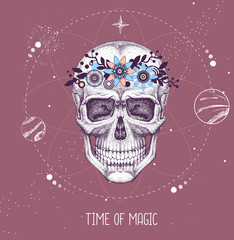 Modern magic witchcraft taros card with human skull on astrology background. Vector illustration