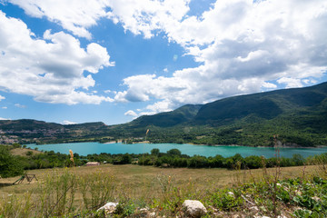Beautiful view of Barrea lake, province of L'Aquila in the Abruzzo Italy. Excursion in Abruzzo.