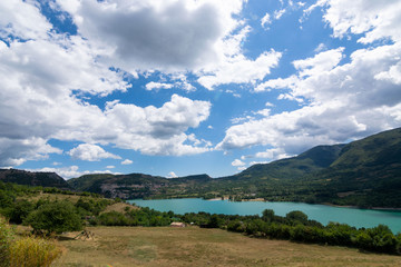 Beautiful view of Barrea lake, province of L'Aquila in the Abruzzo Italy. Excursion in Abruzzo. - 372699896