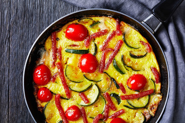 frittata, omelet on a skillet, top view