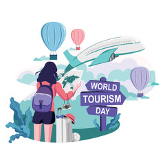 World Tourism Day, A Girl with World Map and Bag Going World Tour Illustration 