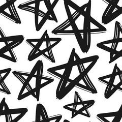 Black ink stars isolated on white background. Outline silhouette drawing. Geometric monochrome seamless pattern. Vector flat graphic hand drawn illustration. Texture.