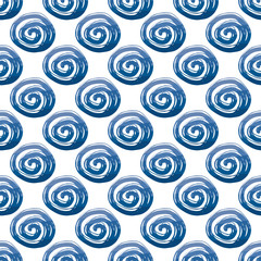 Blue ink spiral circles isolated on white background. Geometric seamless pattern. Vector flat graphic hand drawn illustration. Texture.