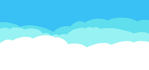 Heavenly blue colored sky and cloud background. Vector drawing clouds sign. Funny cartoon Cloudy heaven cloudscape. Air stroke border pattern. Panorama signs.