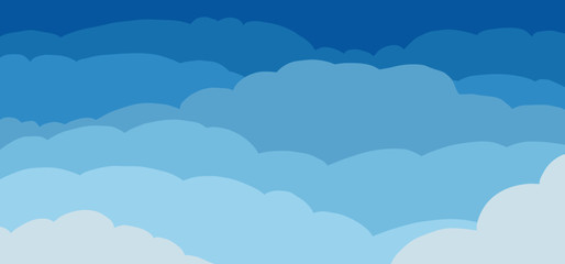 Heavenly blue colored sky and cloud background. Vector drawing clouds sign. Funny cartoon Cloudy heaven cloudscape. Air stroke border pattern. Panorama signs.